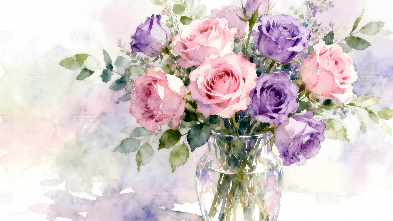 水彩画风的粉紫色玫瑰花束-图片