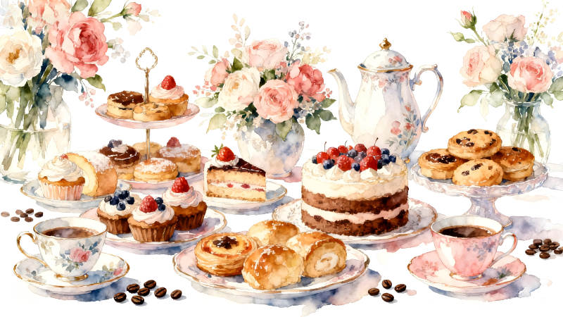 精致下午茶水彩画美味甜点与咖啡-图片
