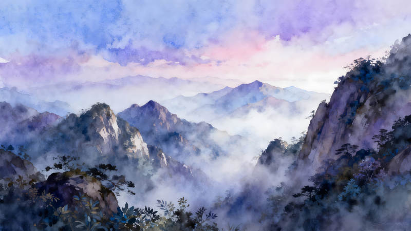 山水霧靄之間仙境般景象-圖片