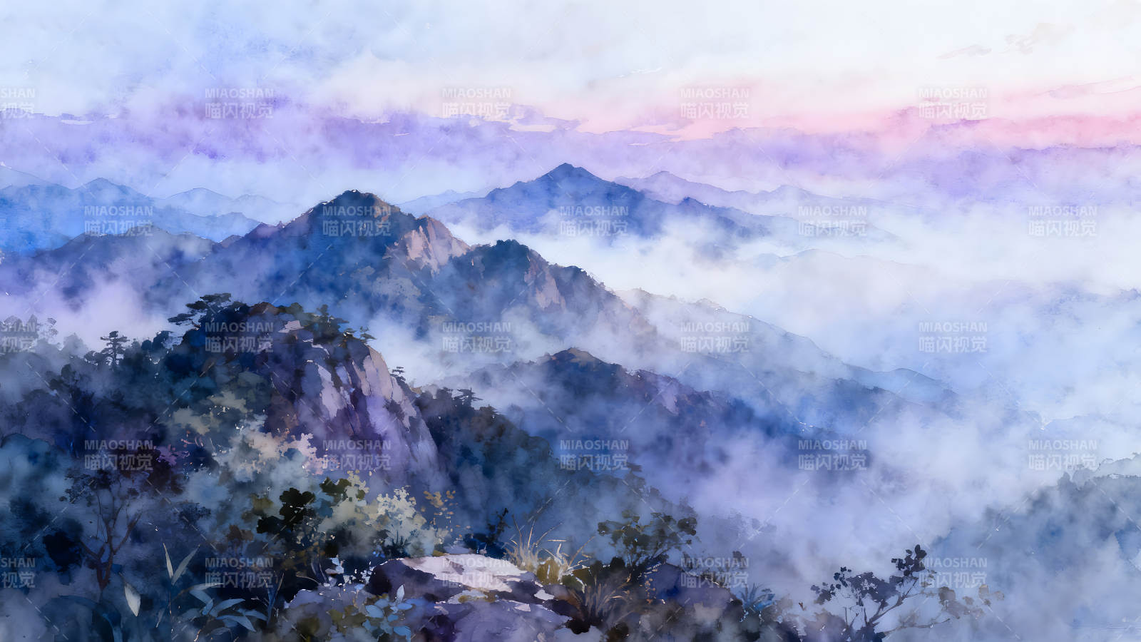 水墨山水畫霧氣繚繞意境悠遠(yuǎn)-圖片