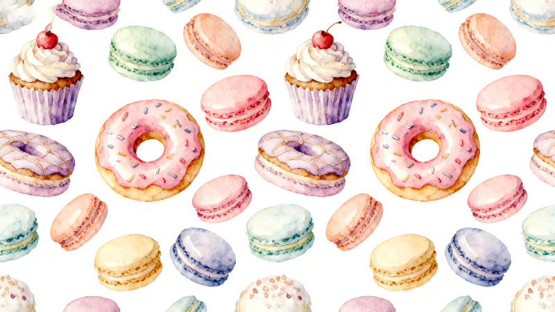 美味甜點水彩畫無縫圖案-圖片