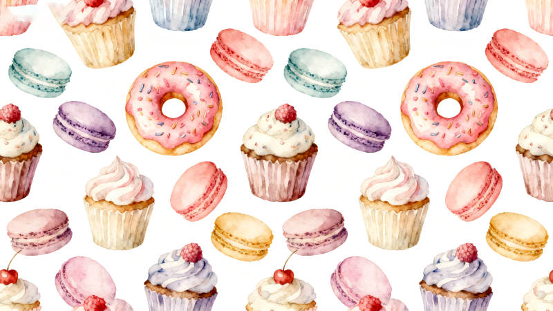 水彩甜點圖案蛋糕甜甜圈馬卡龍風格可愛-圖片