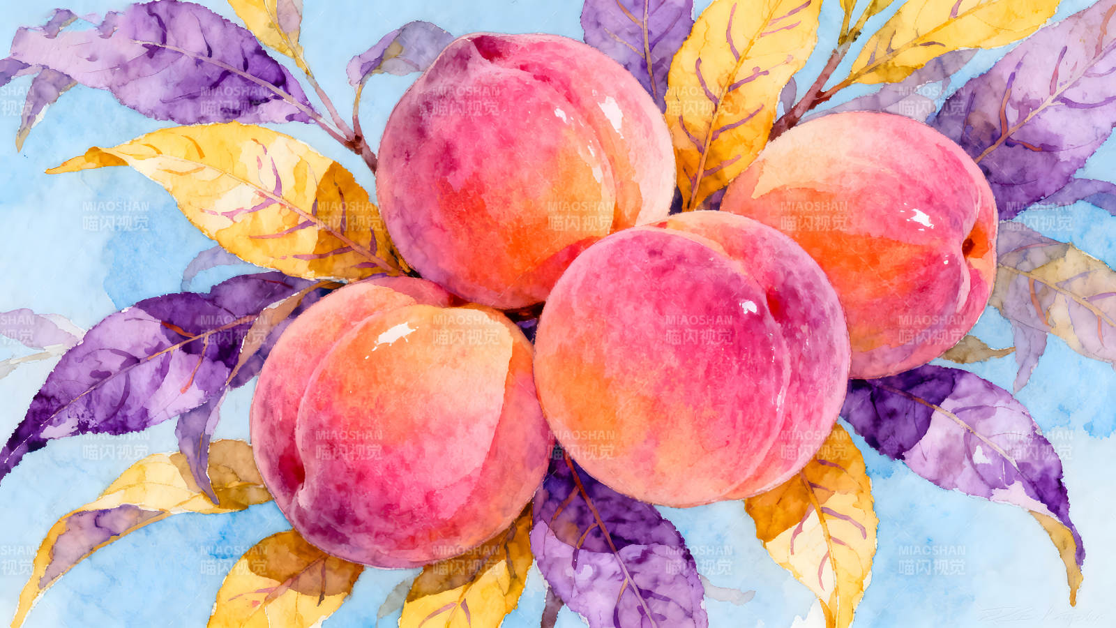 水彩画风格的鲜艳桃子和叶子图片
