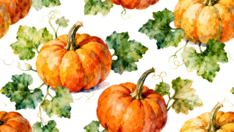 水彩南瓜與葉子圖案-圖片