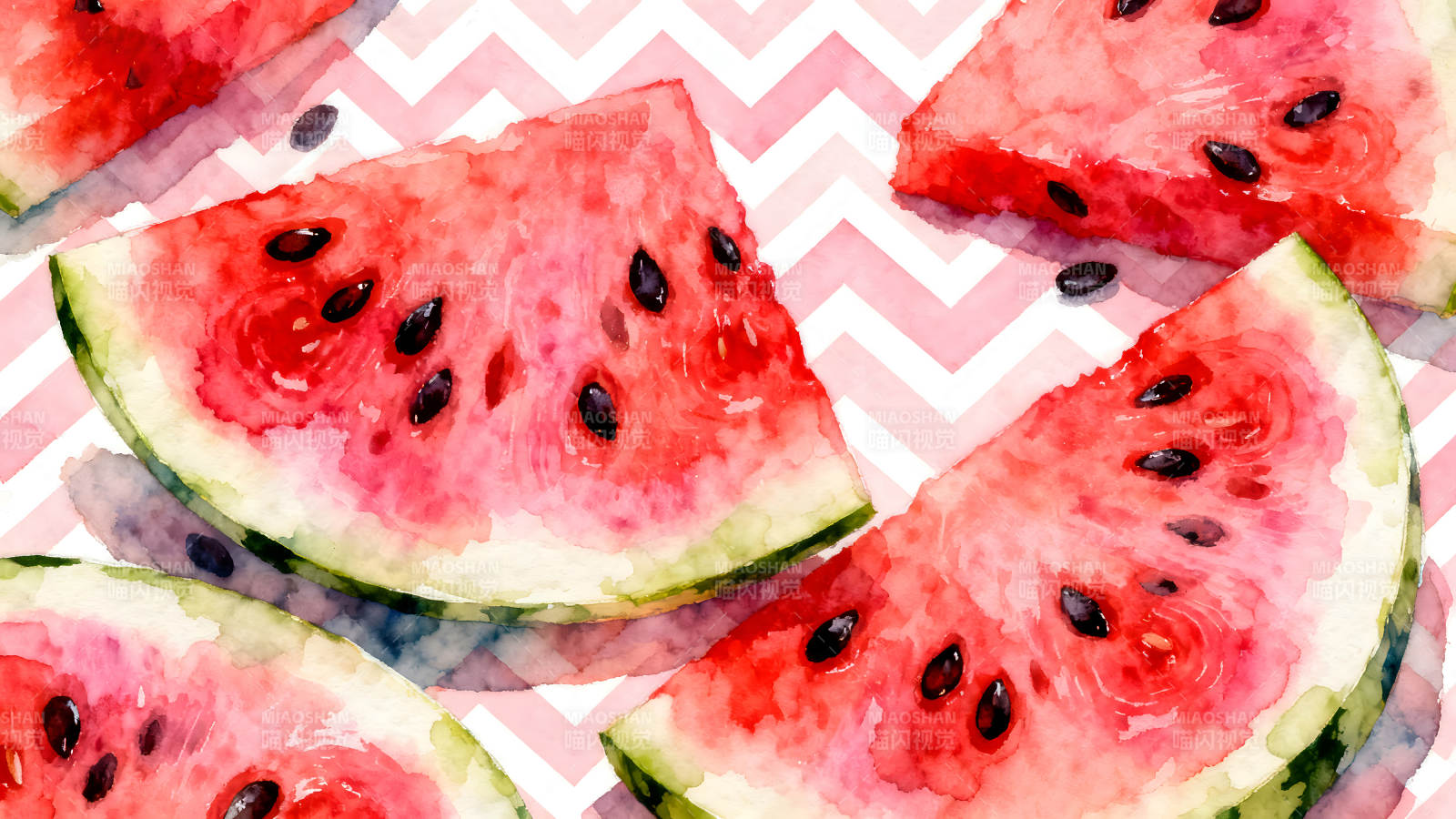 水彩西瓜切片在粉色背景上-图片