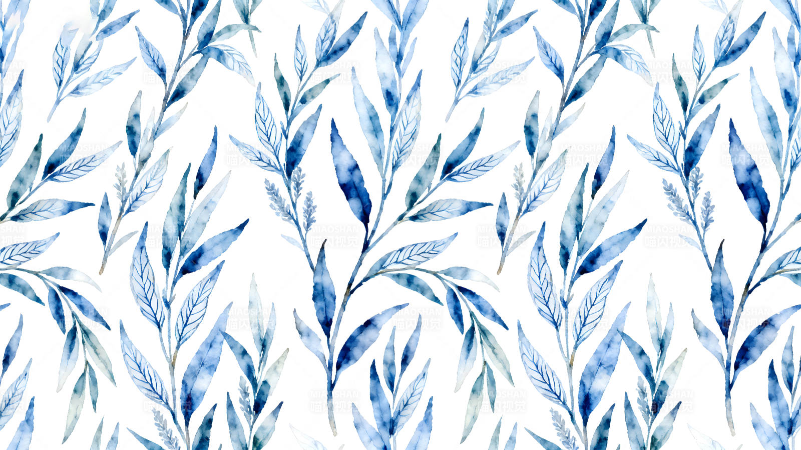 水彩藍葉植物圖案白色背景圖片
