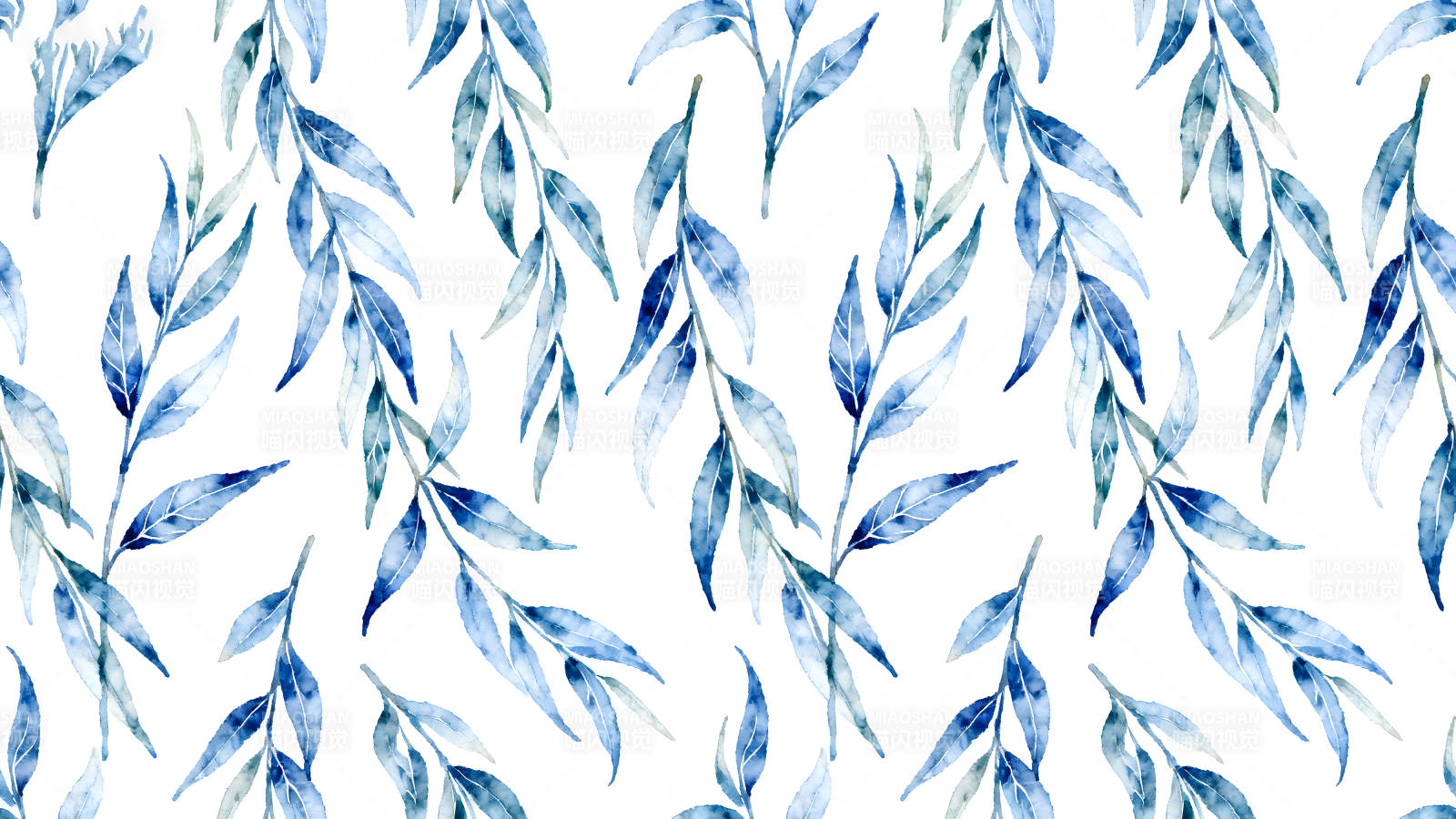 水彩風格的藍色枝葉圖案圖片