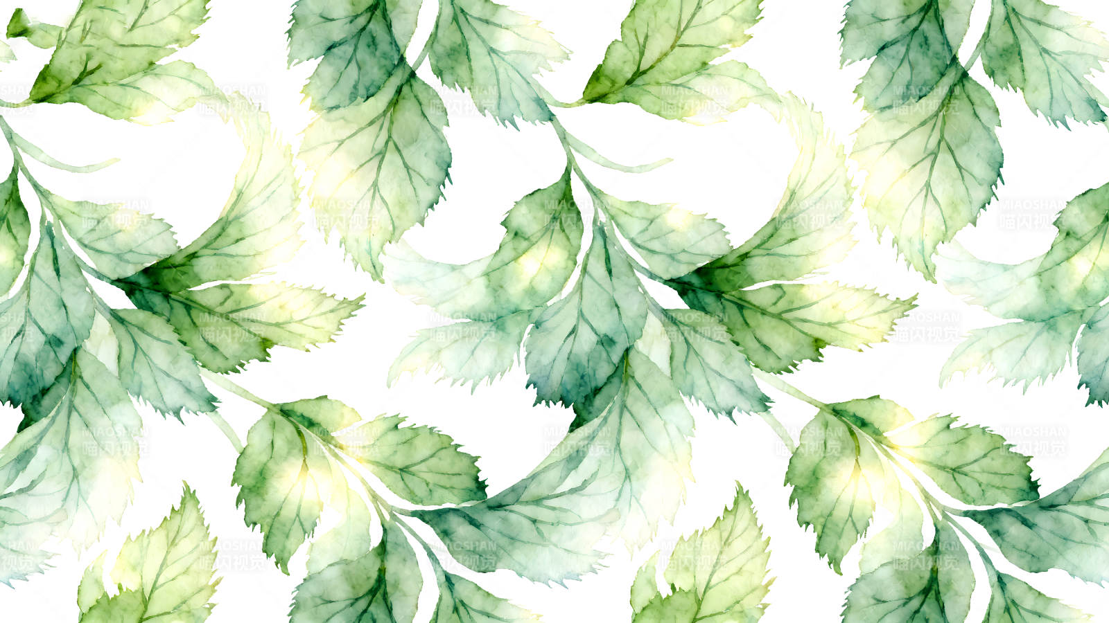 水彩风格的绿色叶片图案-图片