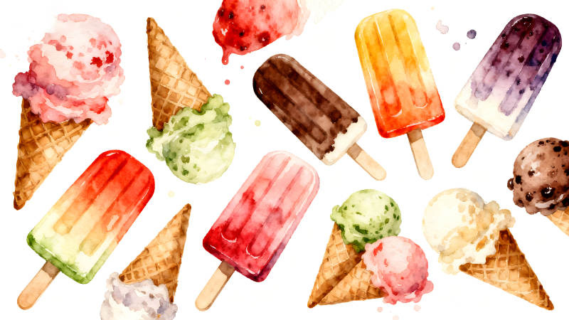 水彩风格的冰淇淋和冰棒-图片