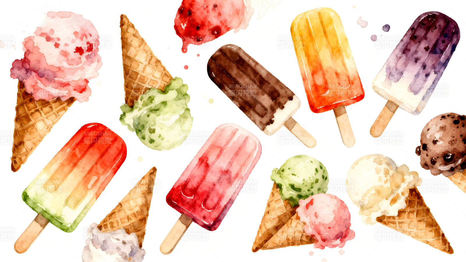 水彩风格的冰淇淋和冰棒-图片