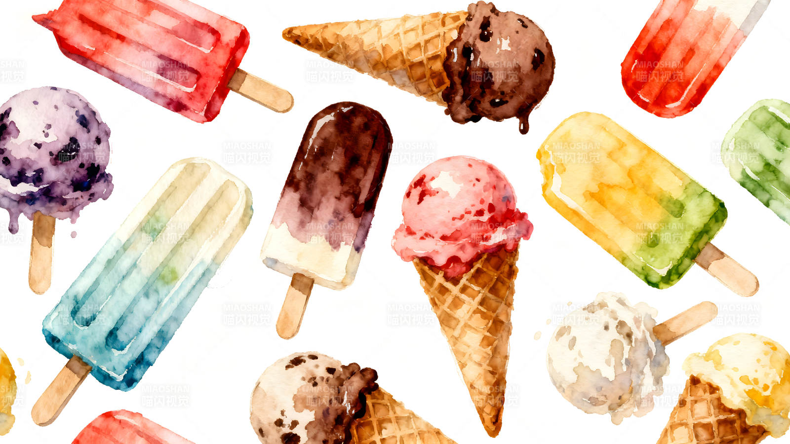 水彩冰淇淋夏日甜品-图片