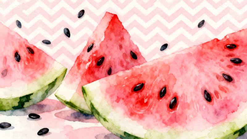 水彩西瓜切片粉色背景-图片