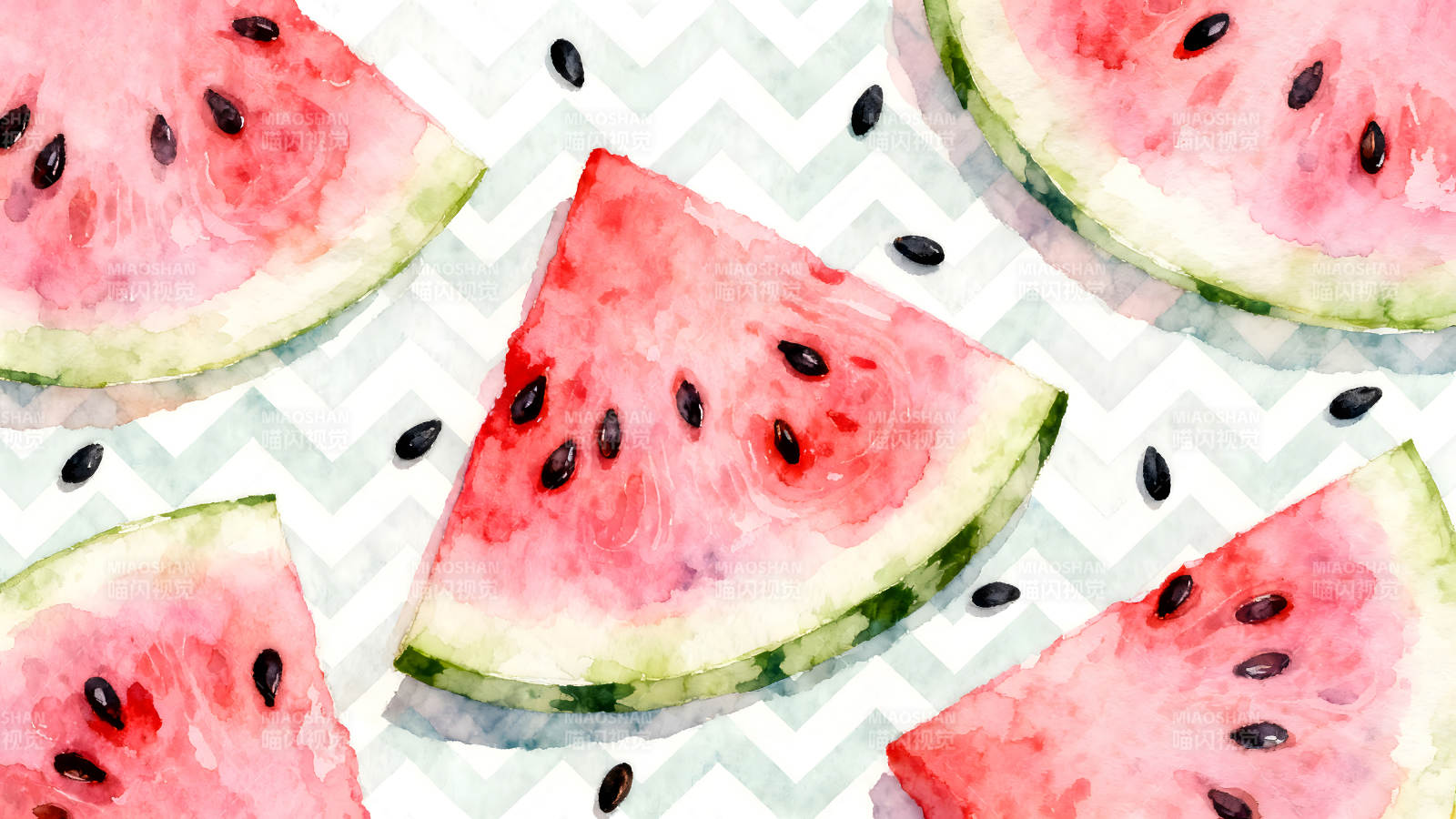 水彩西瓜切片与黑色种子-图片