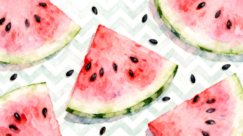 水彩西瓜切片与黑色种子-图片