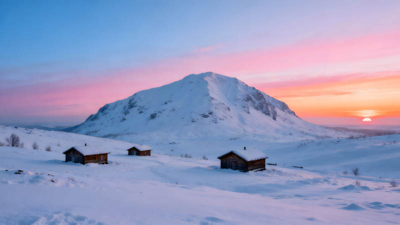 雪山小屋夕陽美景-圖片
