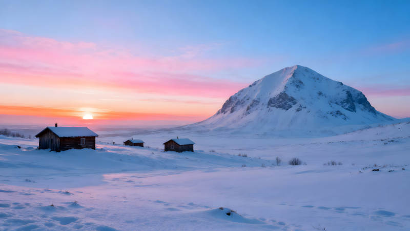 雪山小屋日出美景-圖片