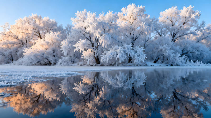 冰雪覆蓋的樹(shù)木倒影在水面-圖片