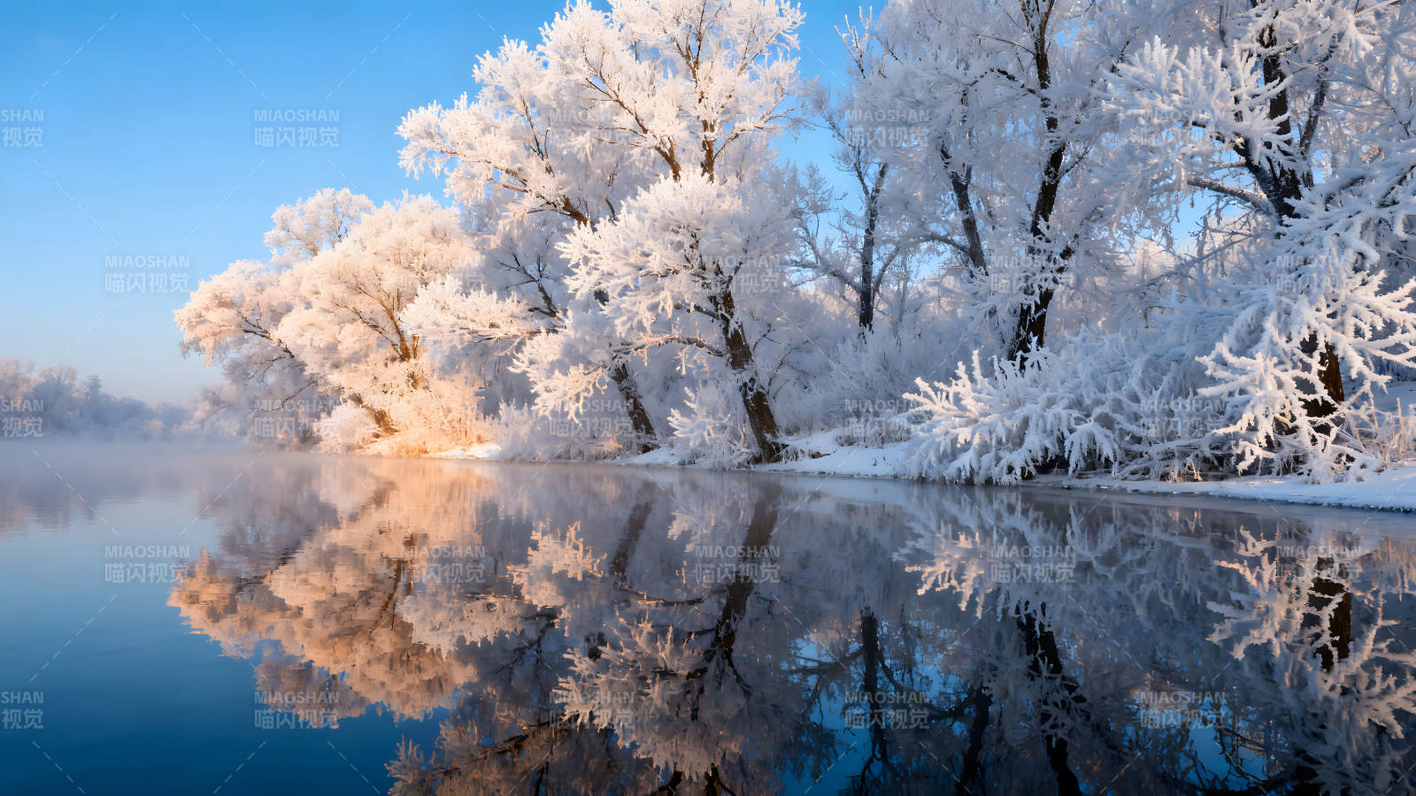 冬日湖畔霜雪樹木倒影-圖片
