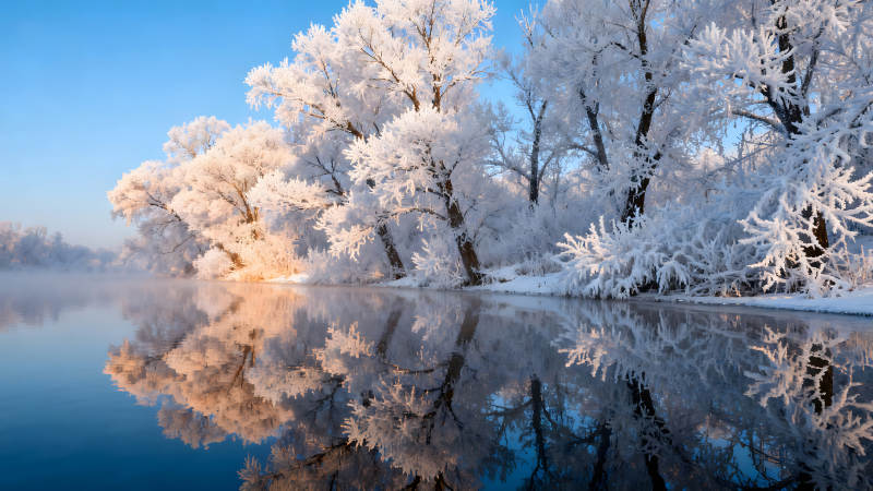 冬日湖畔霜雪樹(shù)木倒影-圖片