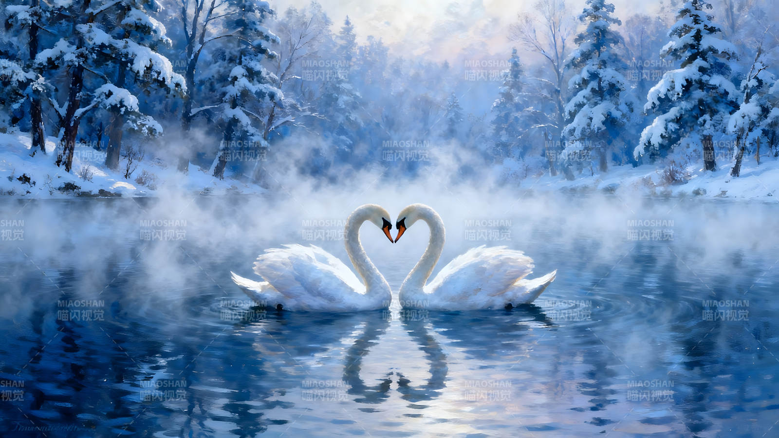 冬日雪湖天鵝比翼雙飛-圖片