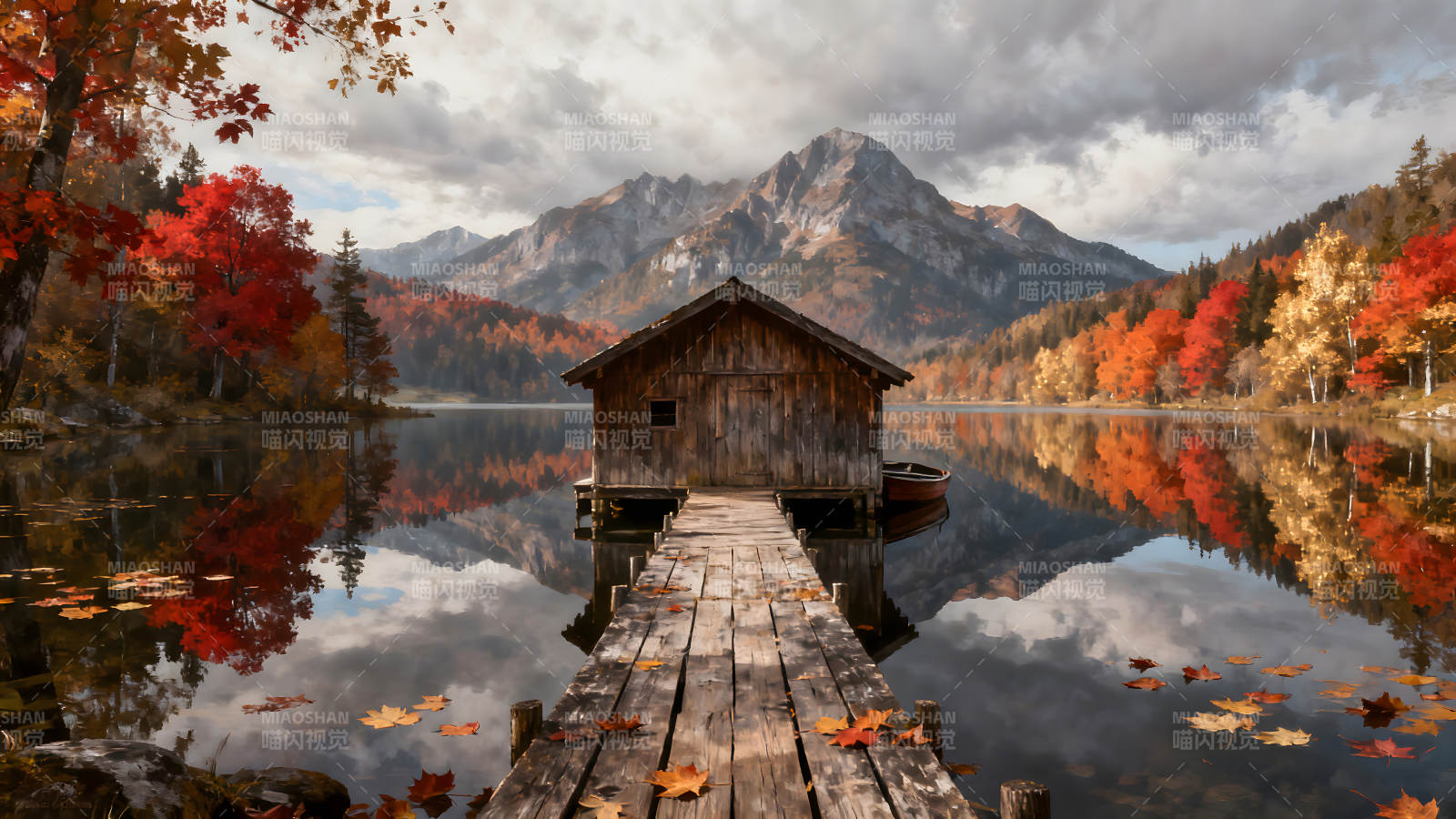 秋日湖景木屋倒影美如畫-圖片