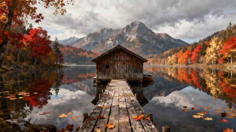 秋日湖景木屋倒影美如畫-圖片
