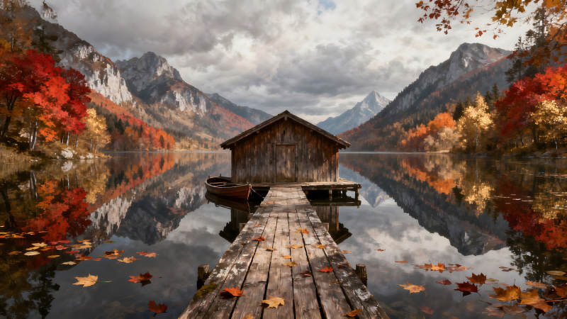 秋日湖畔小屋倒影景色宜人-圖片