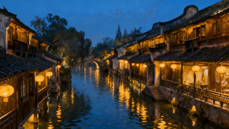 夜色下的中國水鄉古鎮風光-圖片