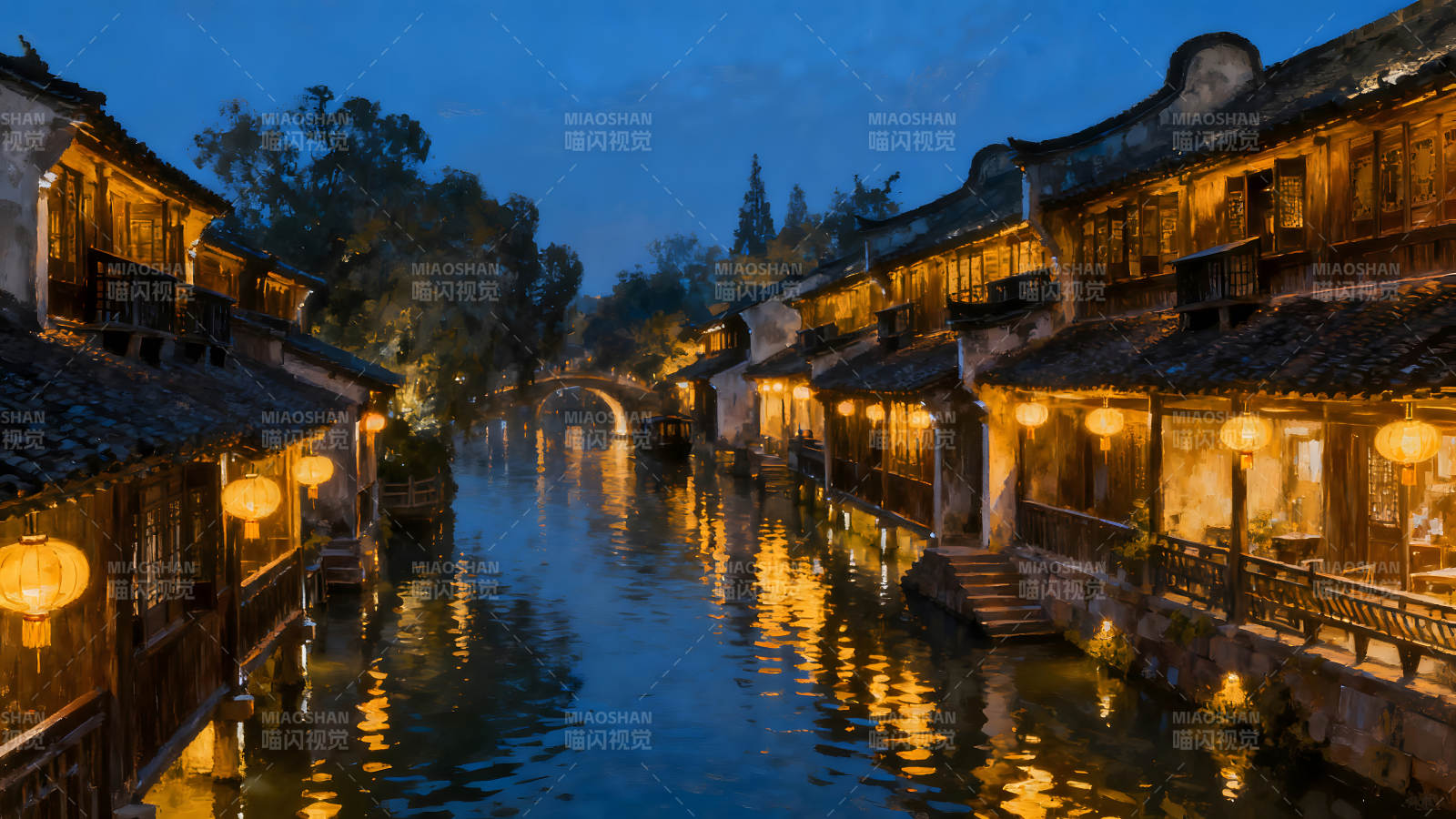 夜色下的中國水鄉古鎮風光-圖片