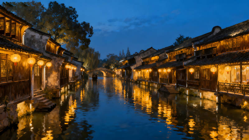 夜幕下的水鄉古鎮景色宜人-圖片