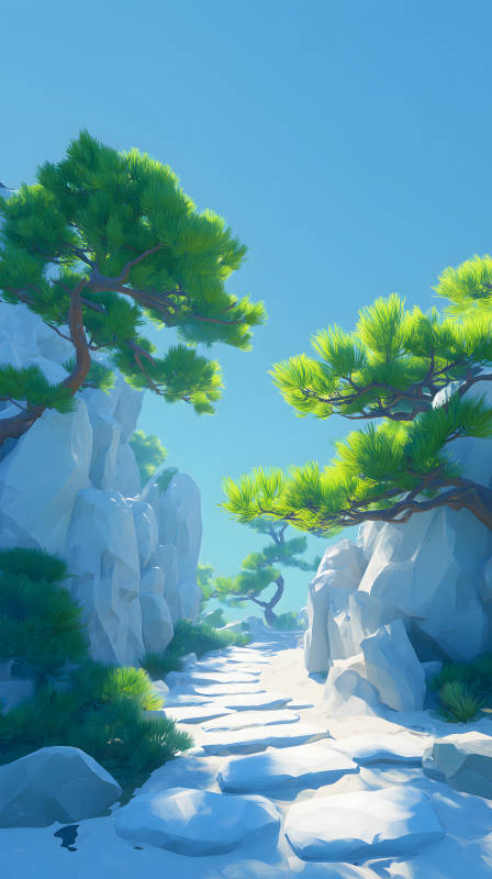 山石松樹天空明媚-圖片