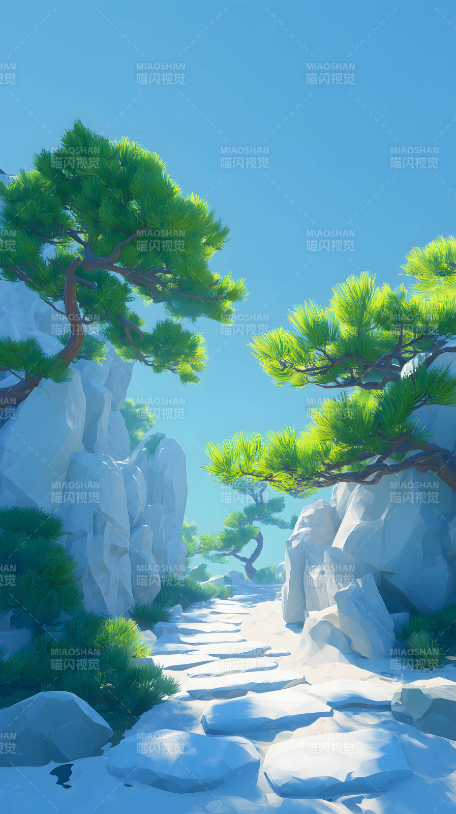 山石松樹天空明媚-圖片