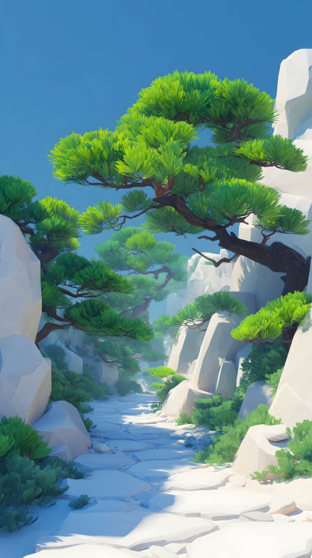 山水風景畫綠樹白石-圖片