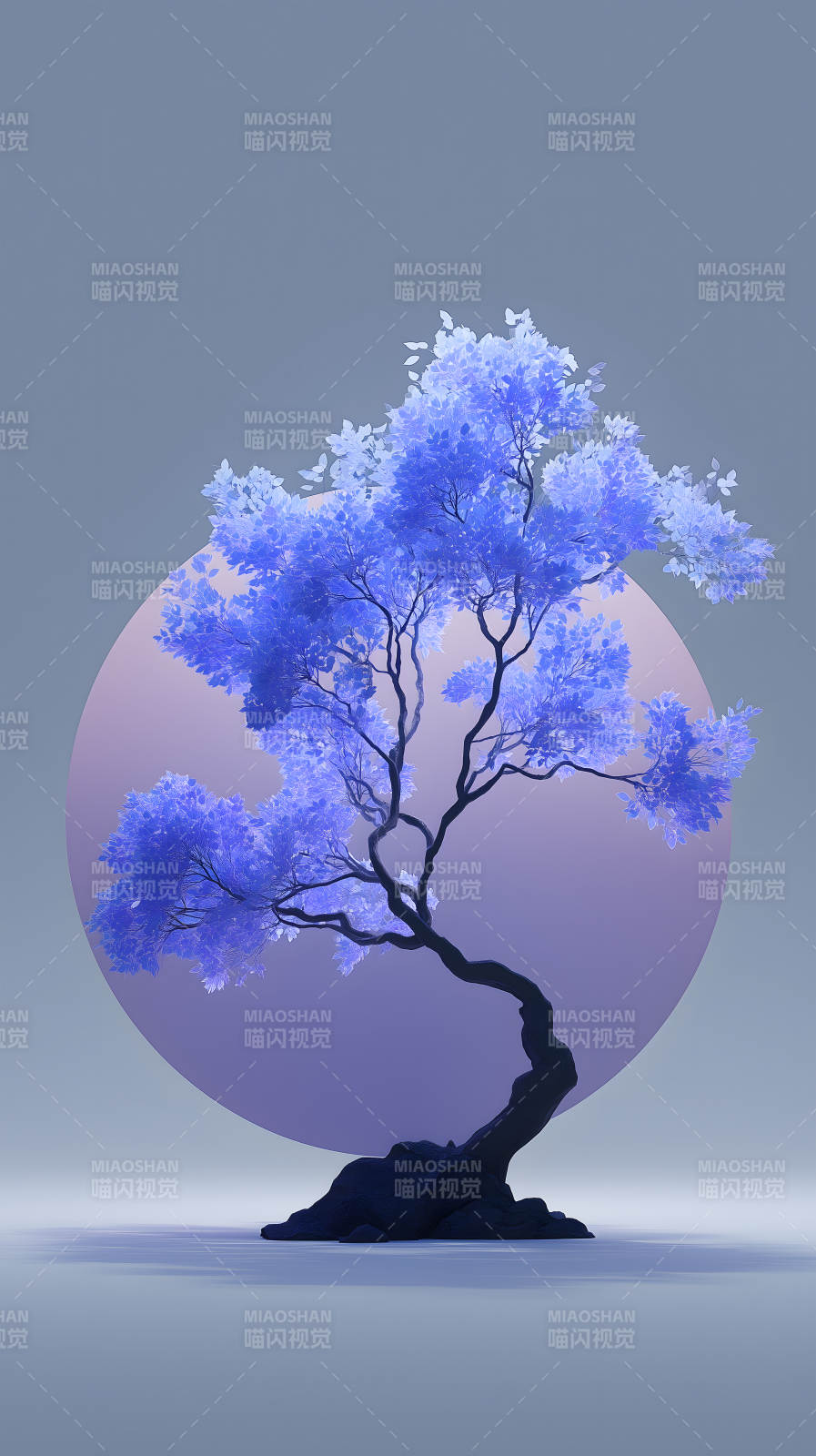 蓝树圆月宁静意境-图片