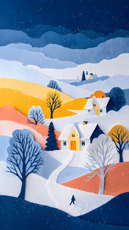 冬日村莊剪紙風景-圖片