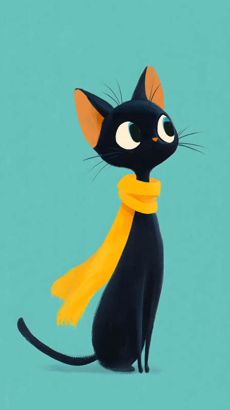 戴著圍巾的卡通黑貓-圖片