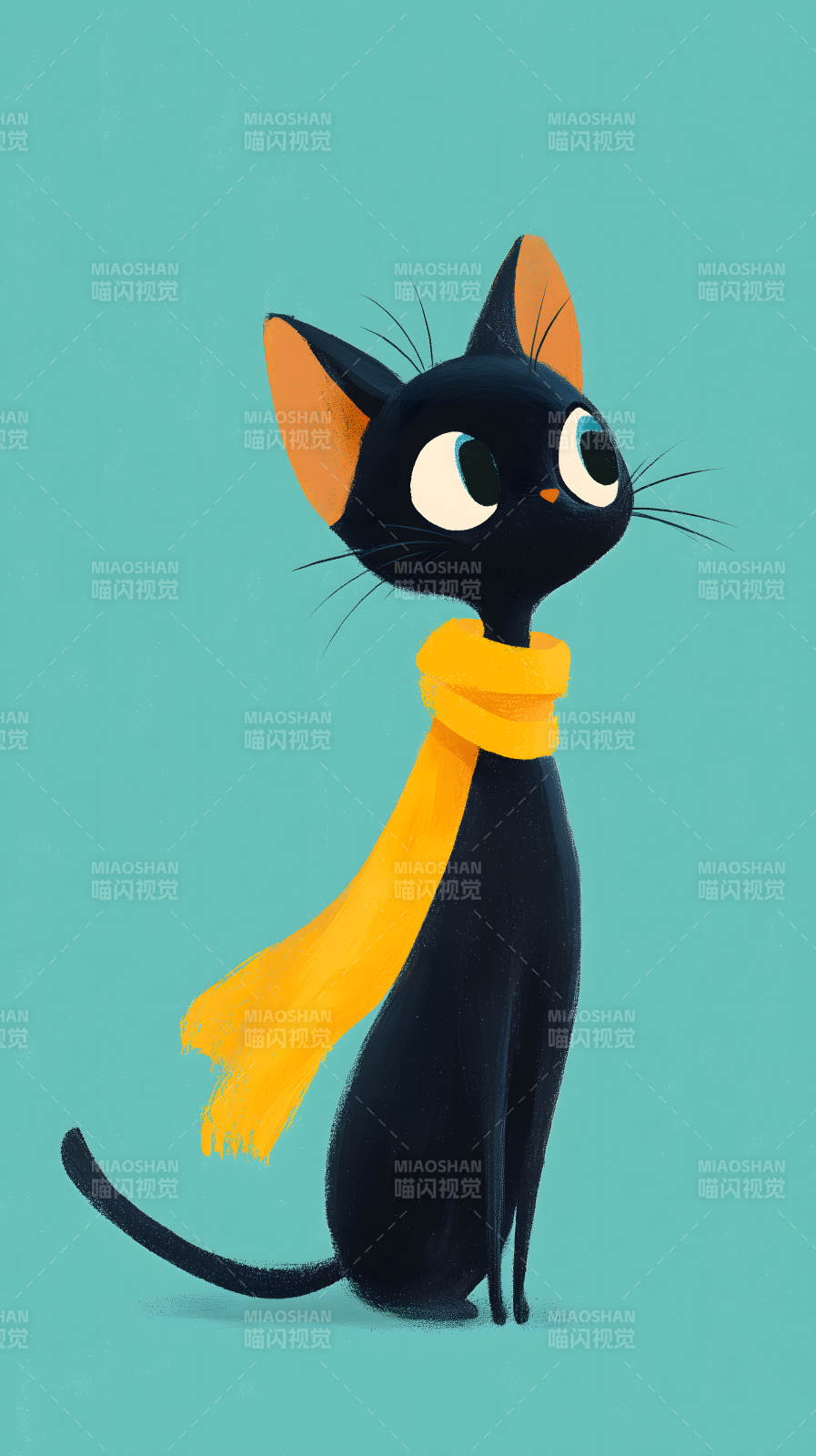 戴著圍巾的卡通黑貓-圖片