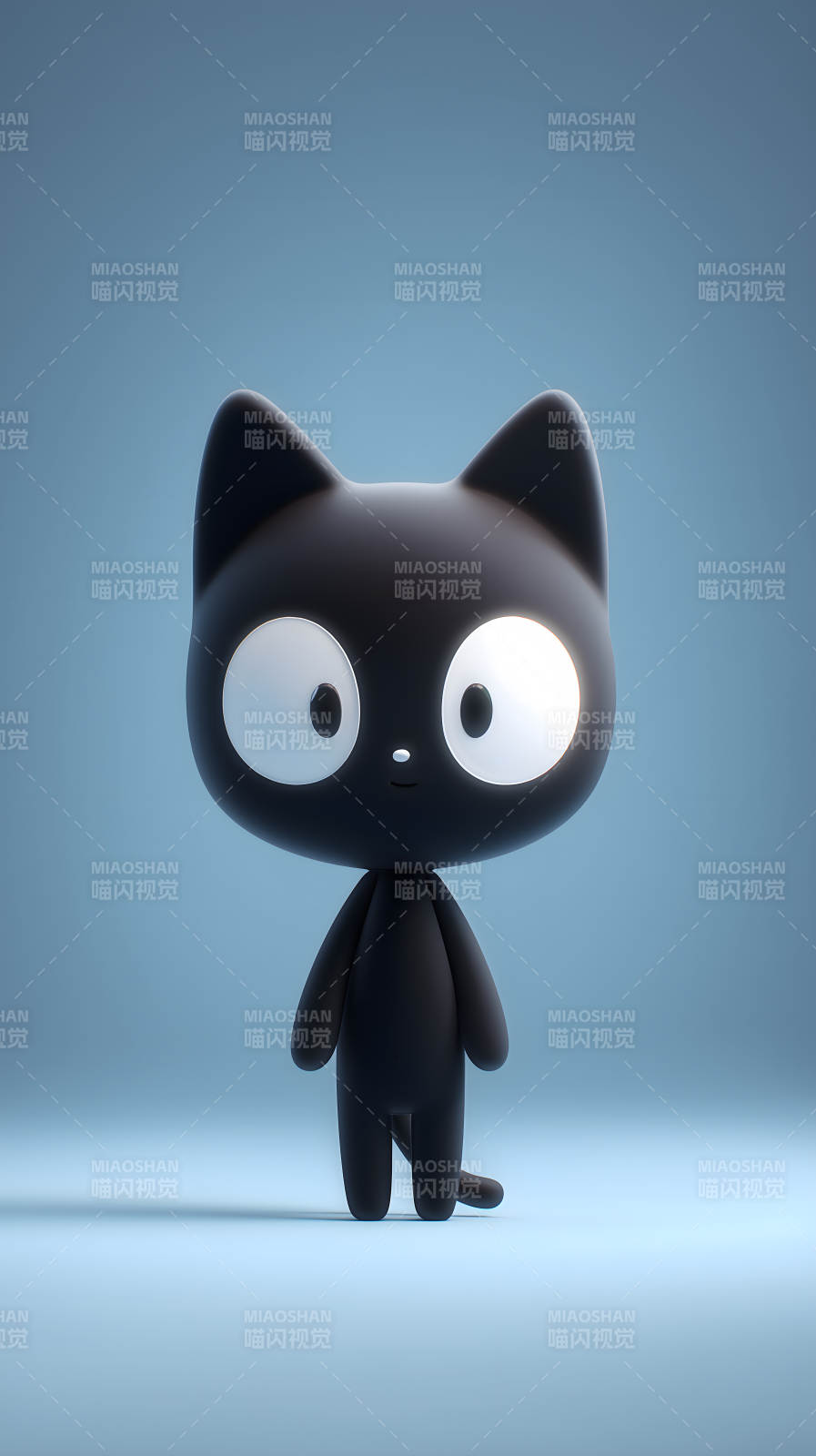 黑色卡通貓咪立于藍底之上-圖片