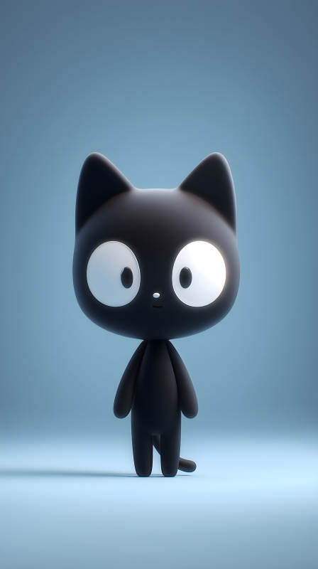 黑色卡通貓咪立于藍(lán)底之上-圖片