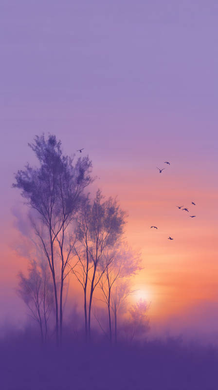 紫霞映樹鳥飛翔-圖片