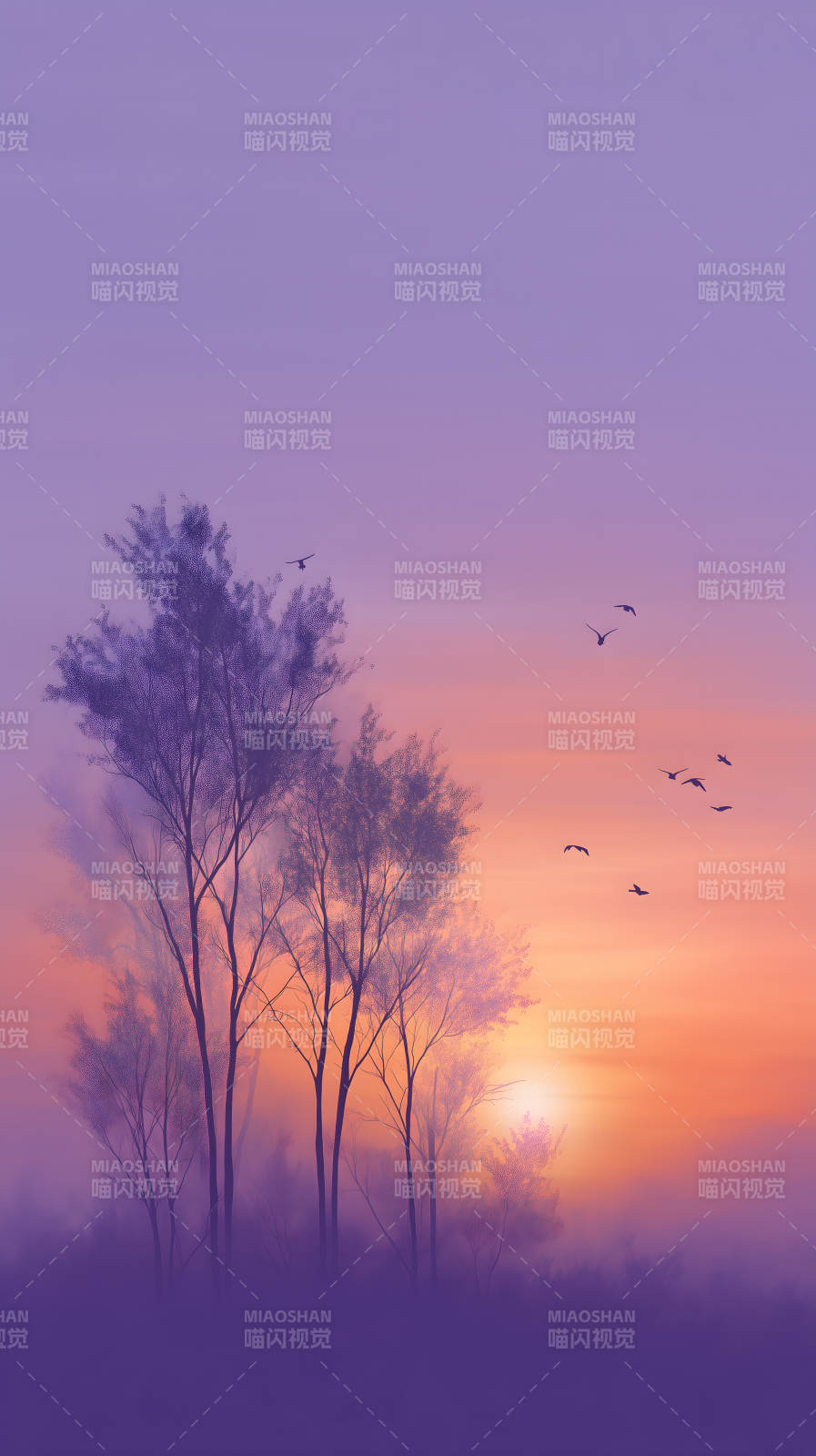 紫霞映樹鳥飛翔-圖片