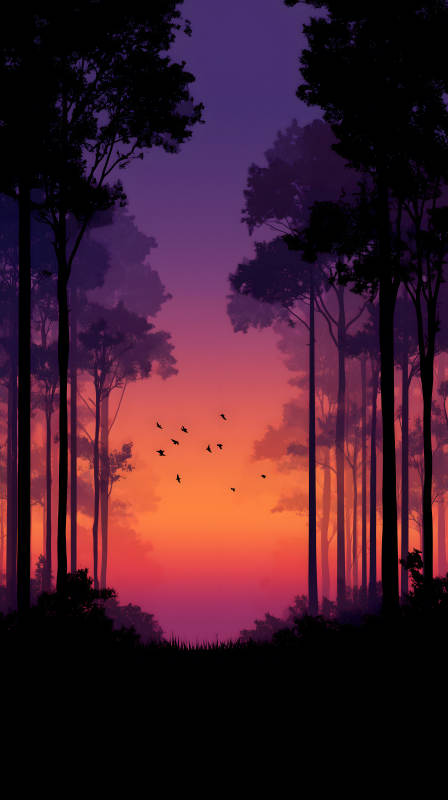 森林日落鳥兒飛翔-圖片