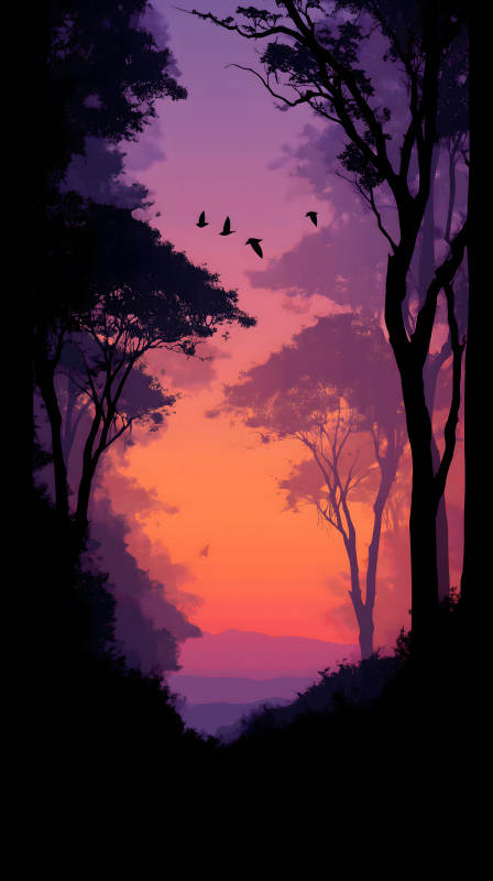 森林落日鸟儿飞翔-图片