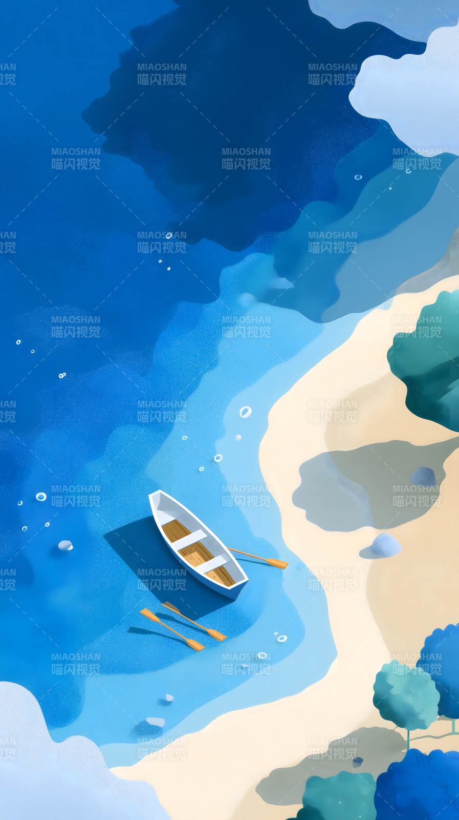 海滩小船风景画图片
