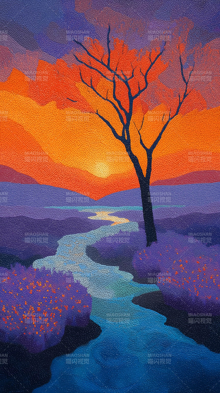 夕陽樹影下的山川河流-圖片