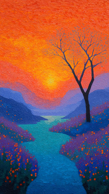 落日河谷唯美風景畫-圖片