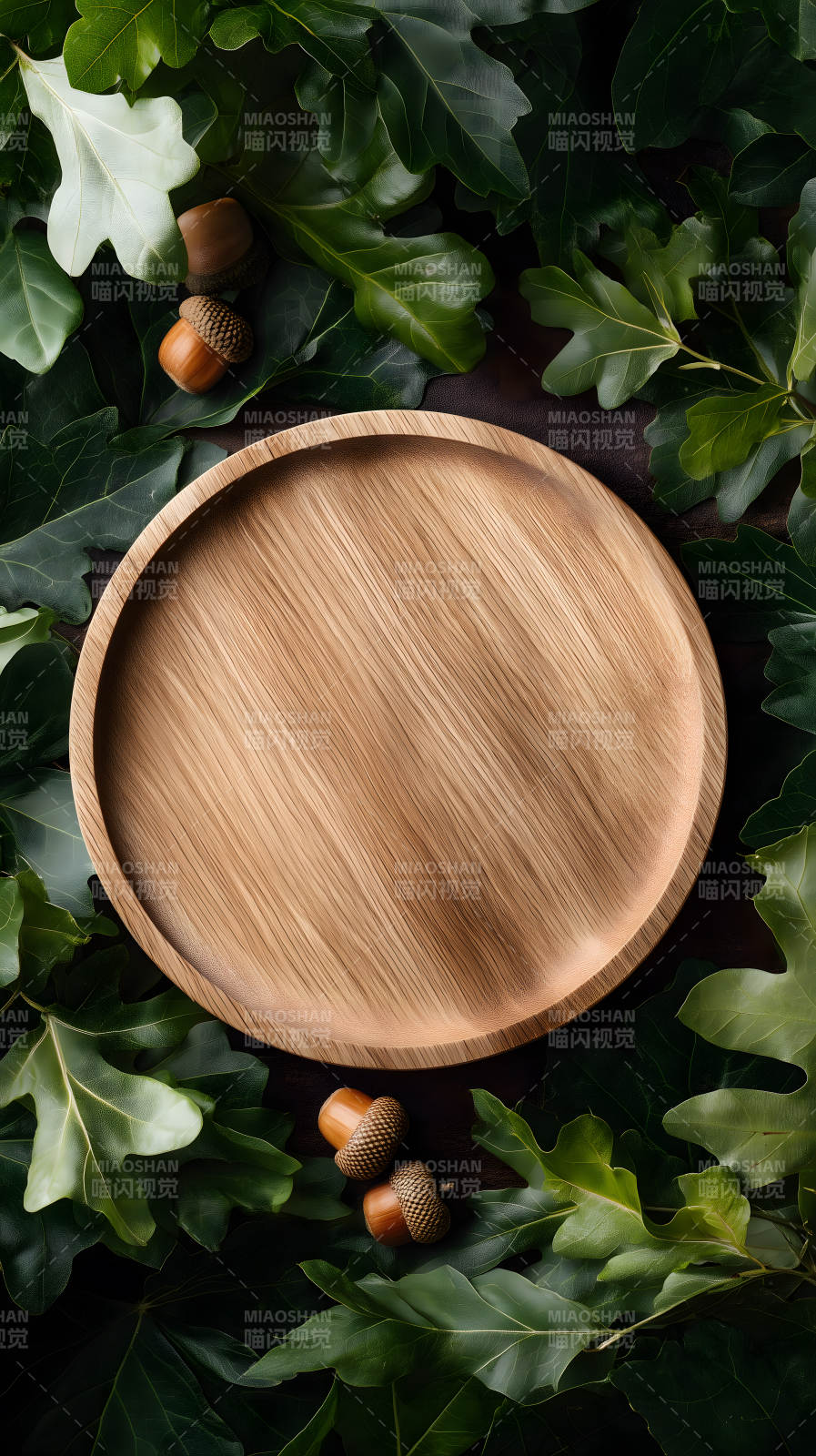 木盤與橡果和葉子-圖片