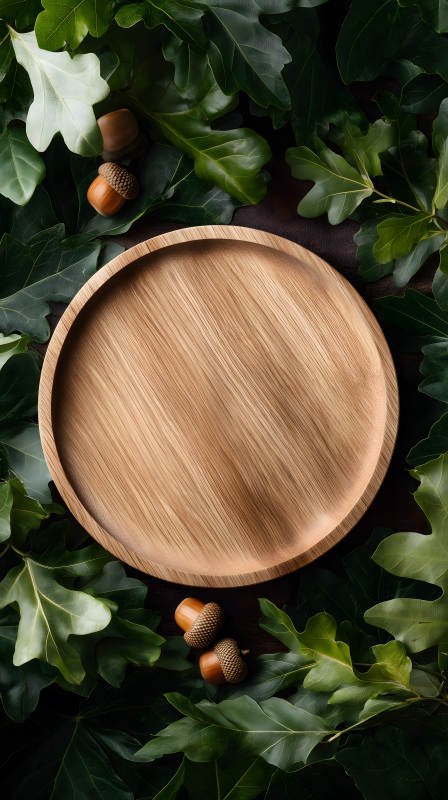 木盤與橡果和葉子-圖片