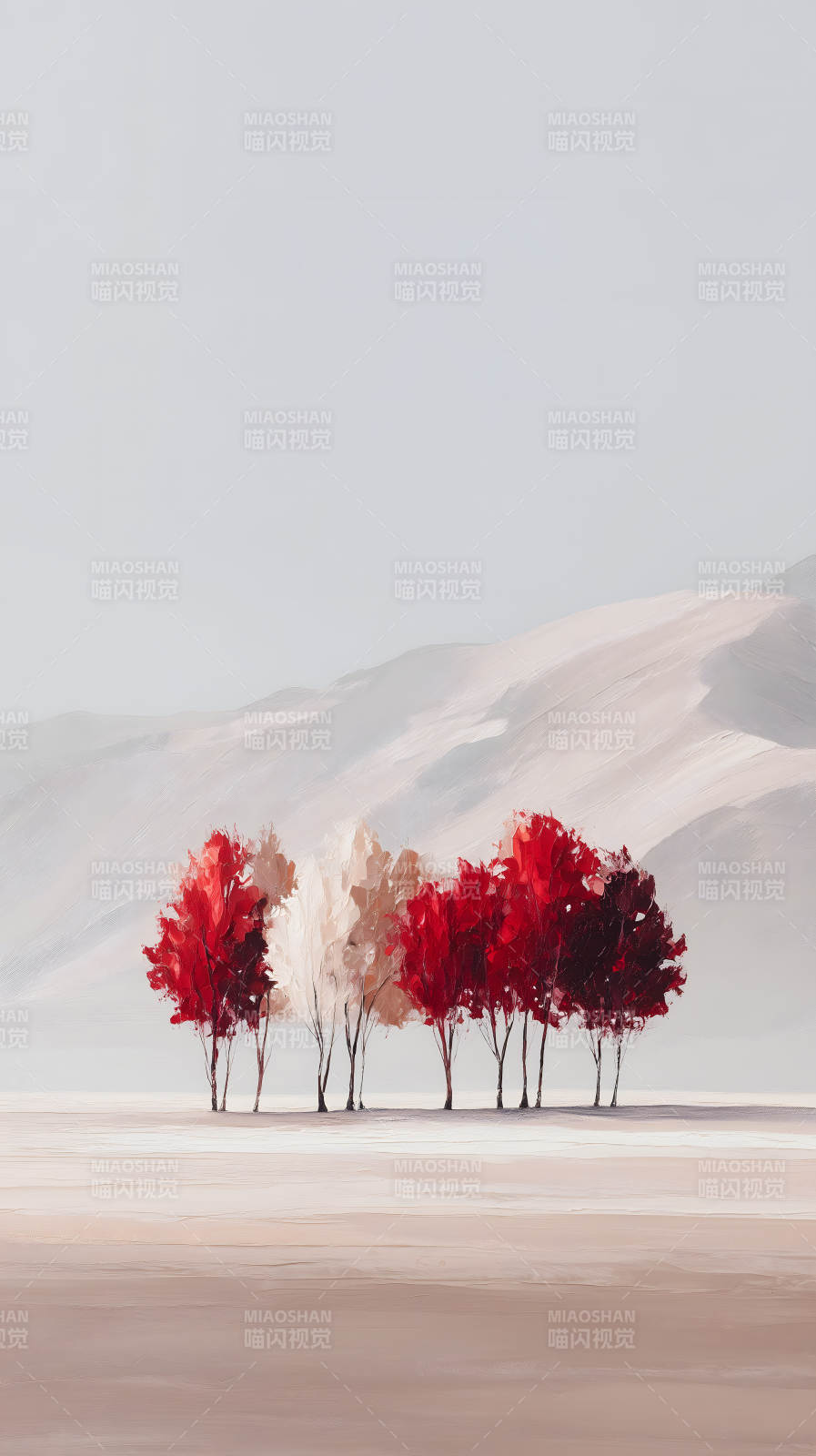 红色树木山脉风景画-图片