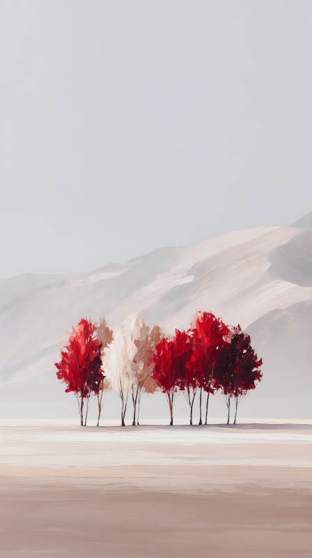 红色树木山脉风景画-图片